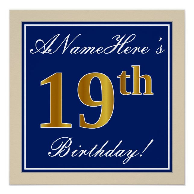 Elegant, Blue, Faux Gold 19th Birthday + Name Poster (Front)