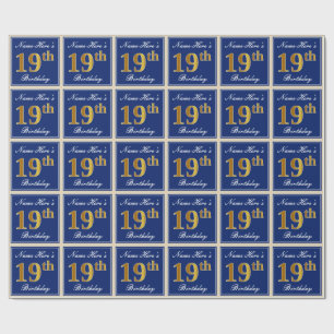 Elegant, Blue, Faux Gold 19th Birthday + Name Wrapping Paper