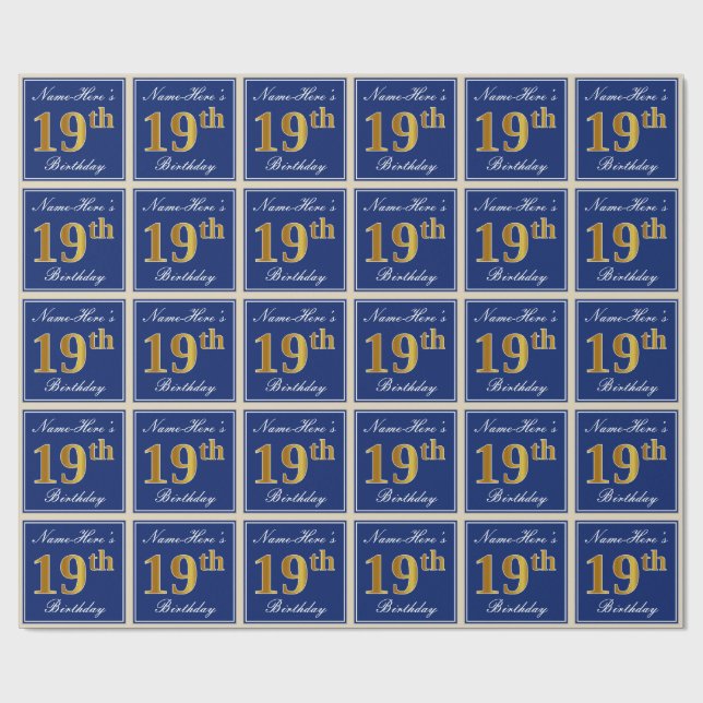 Elegant, Blue, Faux Gold 19th Birthday + Name Wrapping Paper (Flat)