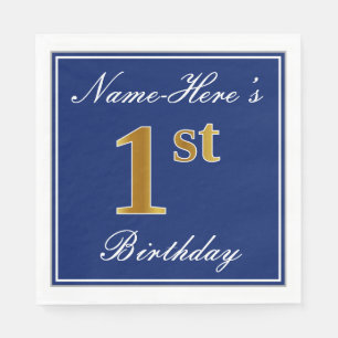 Elegant Blue, Faux Gold 1st Birthday + Custom Name Napkin