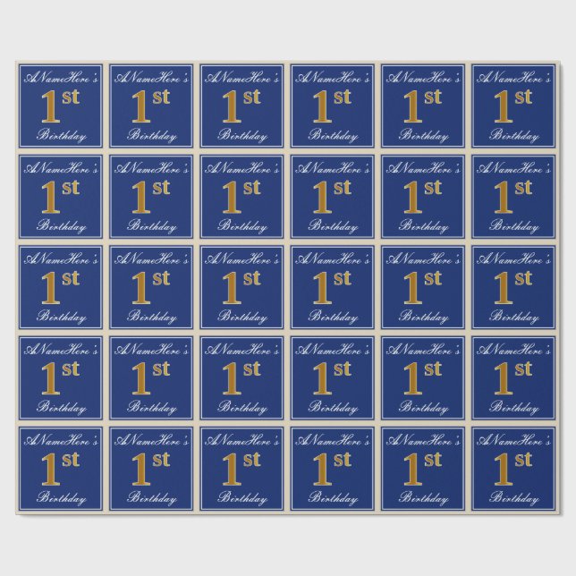 Elegant, Blue, Faux Gold 1st Birthday; Custom Name Wrapping Paper (Flat)