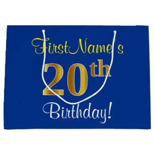 Elegant, Blue, Faux Gold 20th Birthday + Name Large Gift Bag