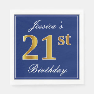 Elegant Blue, Faux Gold 21st Birthday; Custom Name Napkin