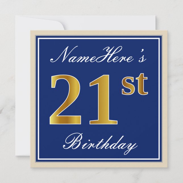 Elegant, Blue, Faux Gold 21st Birthday + Name Invitation (Front)