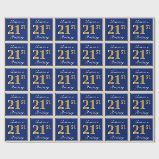 Elegant, Blue, Faux Gold 21st Birthday + Name Wrapping Paper (Flat)