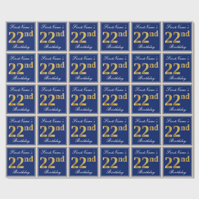Elegant, Blue, Faux Gold 22nd Birthday + Name Wrapping Paper (Flat)