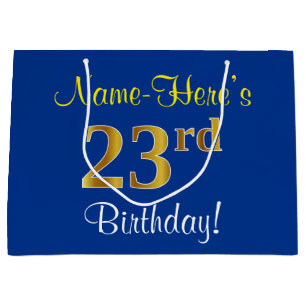 Elegant, Blue, Faux Gold 23rd Birthday + Name Large Gift Bag