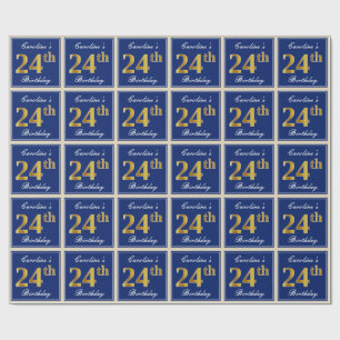 Elegant, Blue, Faux Gold 24th Birthday + Name Wrapping Paper
