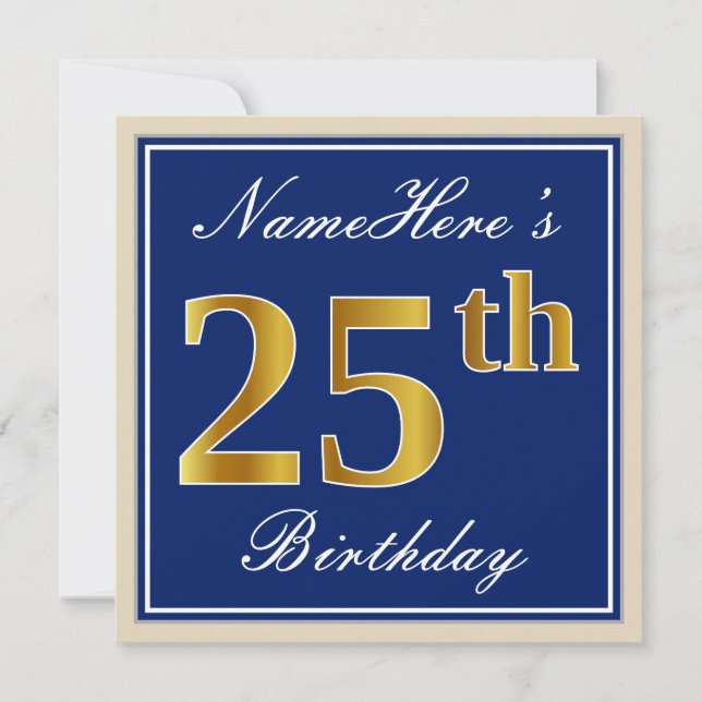 Elegant, Blue, Faux Gold 25th Birthday + Name Invitation (Front)