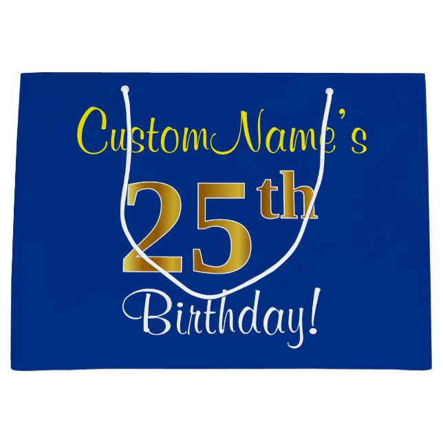 Elegant, Blue, Faux Gold 25th Birthday + Name Large Gift Bag (Front)