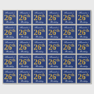 Elegant, Blue, Faux Gold 26th Birthday + Name Wrapping Paper