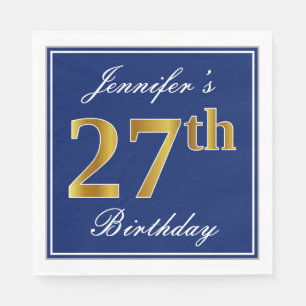 Elegant Blue, Faux Gold 27th Birthday; Custom Name Napkin