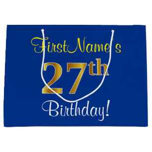 Elegant, Blue, Faux Gold 27th Birthday + Name Large Gift Bag