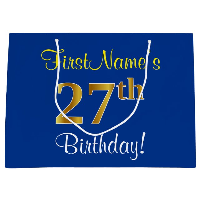 Elegant, Blue, Faux Gold 27th Birthday + Name Large Gift Bag (Front)