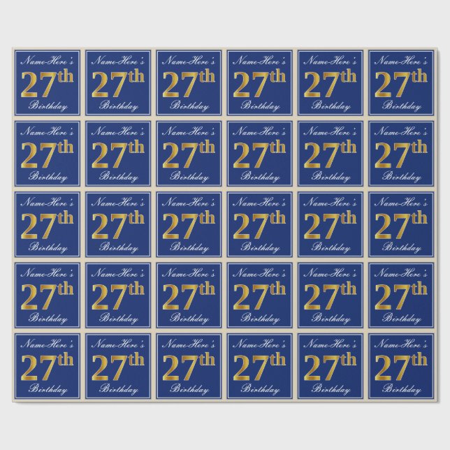Elegant, Blue, Faux Gold 27th Birthday + Name Wrapping Paper (Flat)