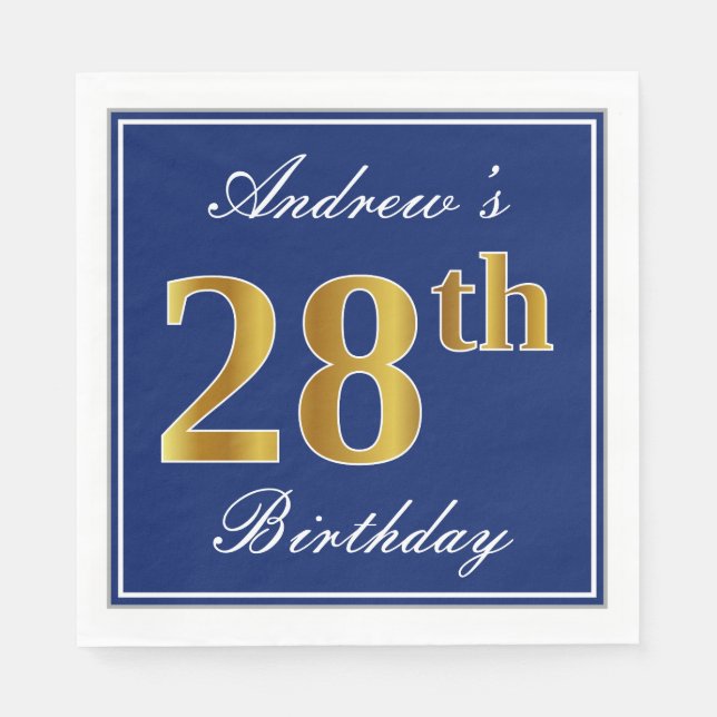 Elegant Blue, Faux Gold 28th Birthday; Custom Name Napkin (Front)