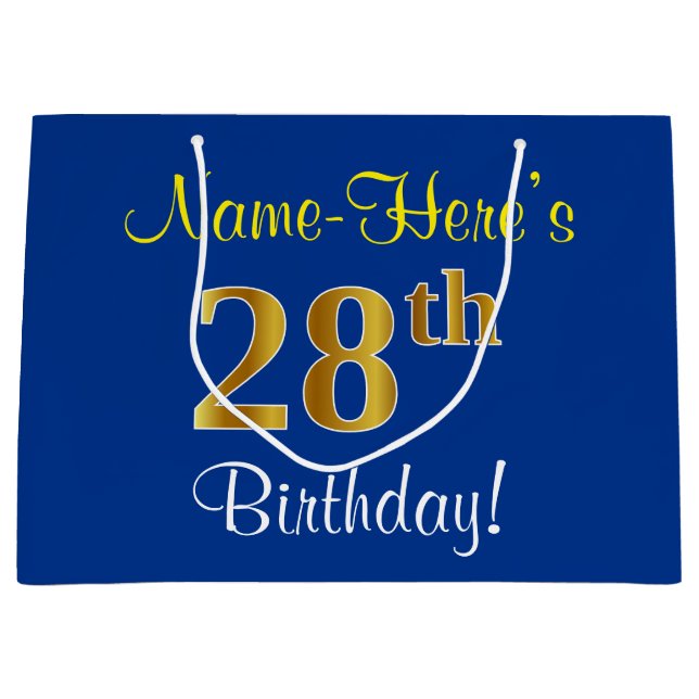 Elegant, Blue, Faux Gold 28th Birthday + Name Large Gift Bag (Front)