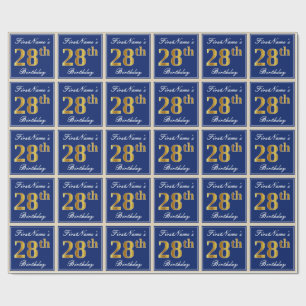 Elegant, Blue, Faux Gold 28th Birthday + Name Wrapping Paper