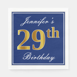 Elegant Blue, Faux Gold 29th Birthday; Custom Name Napkin