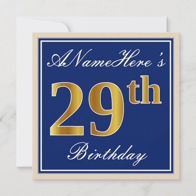 Elegant, Blue, Faux Gold 29th Birthday + Name Invitation (Front)
