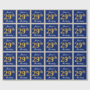 Elegant, Blue, Faux Gold 29th Birthday + Name Wrapping Paper