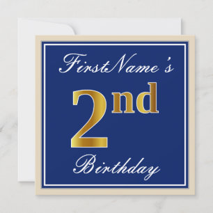 Elegant, Blue, Faux Gold 2nd Birthday; Custom Name Invitation