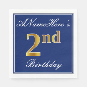 Elegant Blue, Faux Gold 2nd Birthday + Custom Name Napkin