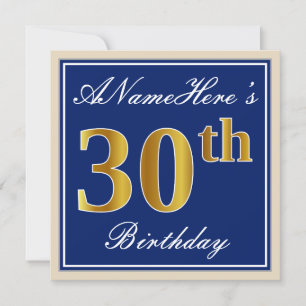 Elegant, Blue, Faux Gold 30th Birthday + Name Invitation
