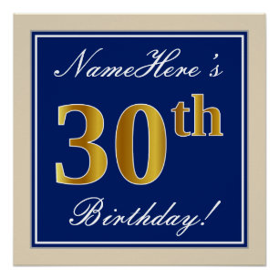 Elegant, Blue, Faux Gold 30th Birthday + Name Poster