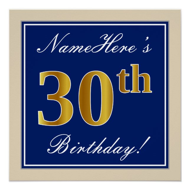 Elegant, Blue, Faux Gold 30th Birthday + Name Poster (Front)