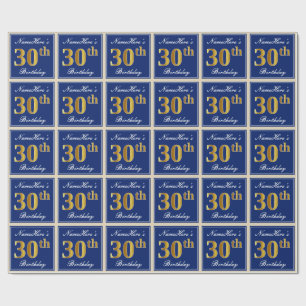 Elegant, Blue, Faux Gold 30th Birthday + Name Wrapping Paper