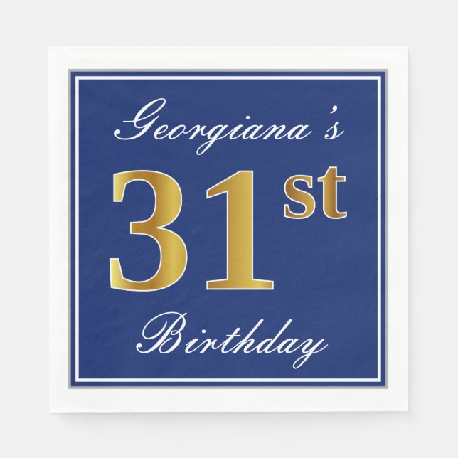 Elegant Blue, Faux Gold 31st Birthday; Custom Name Napkin (Front)