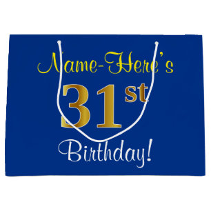 Elegant, Blue, Faux Gold 31st Birthday + Name Large Gift Bag