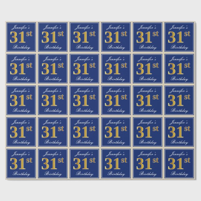 Elegant, Blue, Faux Gold 31st Birthday + Name Wrapping Paper (Flat)