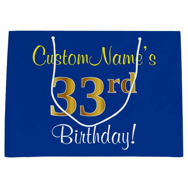 Elegant, Blue, Faux Gold 33rd Birthday + Name Large Gift Bag (Front)