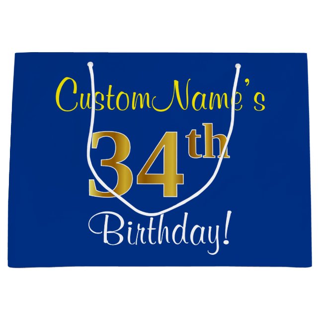Elegant, Blue, Faux Gold 34th Birthday + Name Large Gift Bag (Front)