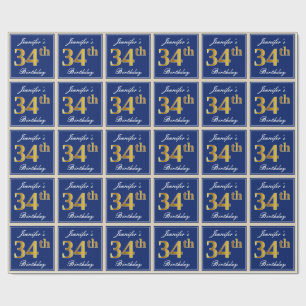 Elegant, Blue, Faux Gold 34th Birthday + Name Wrapping Paper