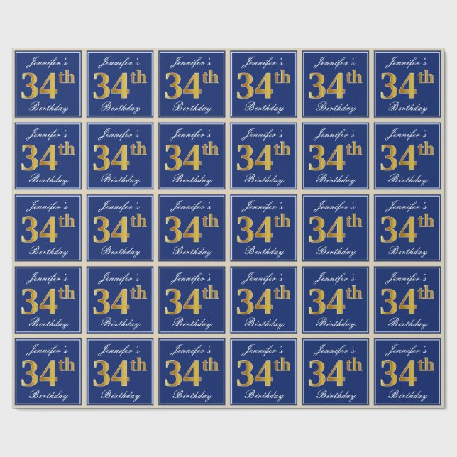 Elegant, Blue, Faux Gold 34th Birthday + Name Wrapping Paper (Flat)