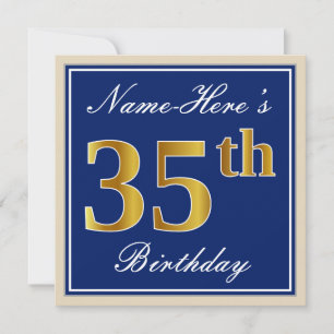 Elegant, Blue, Faux Gold 35th Birthday + Name Invitation