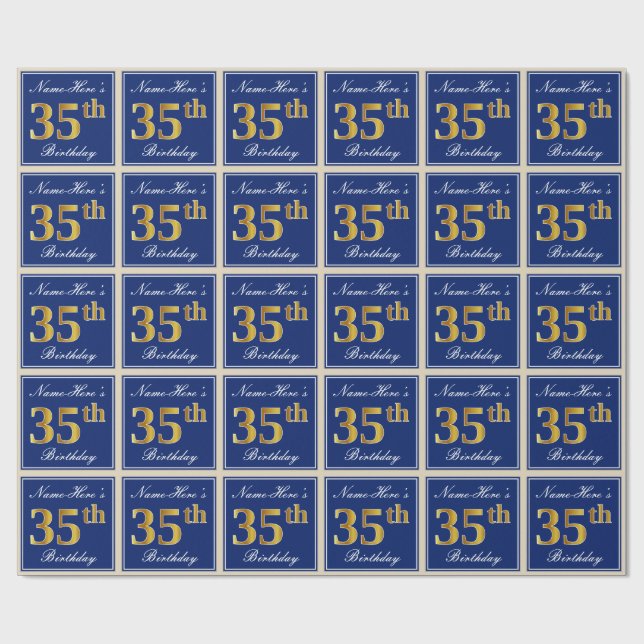 Elegant, Blue, Faux Gold 35th Birthday + Name Wrapping Paper (Flat)