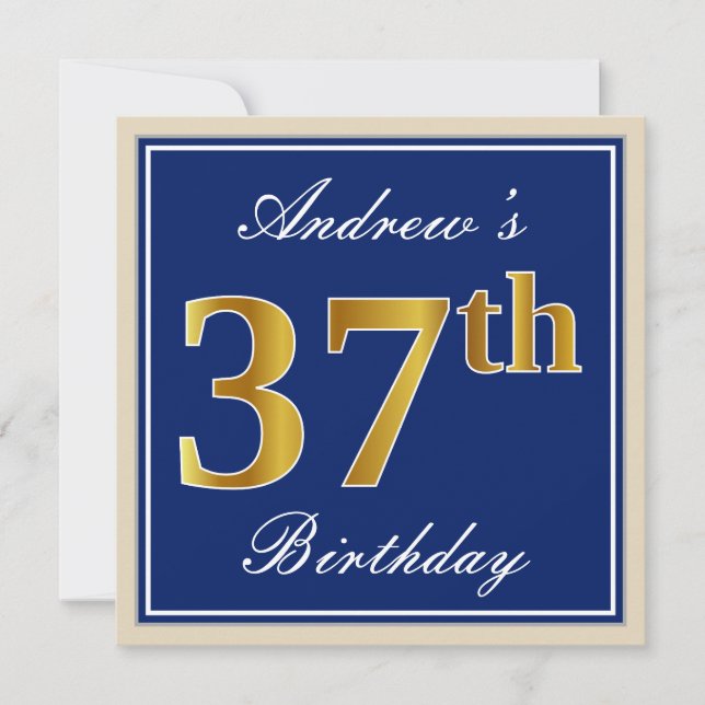 Elegant, Blue, Faux Gold 37th Birthday + Name Invitation (Front)