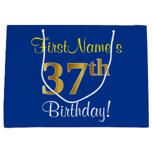Elegant, Blue, Faux Gold 37th Birthday + Name Large Gift Bag
