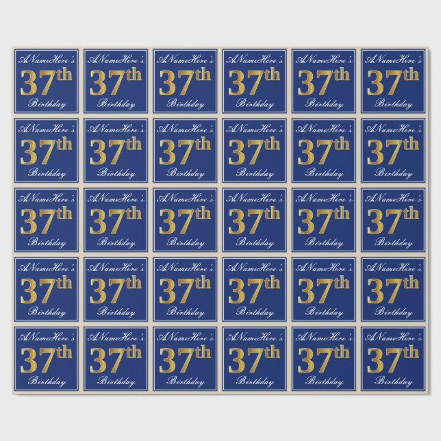 Elegant, Blue, Faux Gold 37th Birthday + Name Wrapping Paper (Flat)