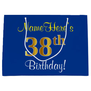 Elegant, Blue, Faux Gold 38th Birthday + Name Large Gift Bag