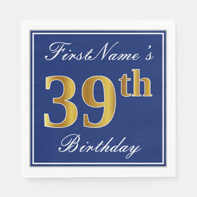 Elegant Blue, Faux Gold 39th Birthday; Custom Name Napkin (Front)