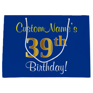 Elegant, Blue, Faux Gold 39th Birthday + Name Large Gift Bag