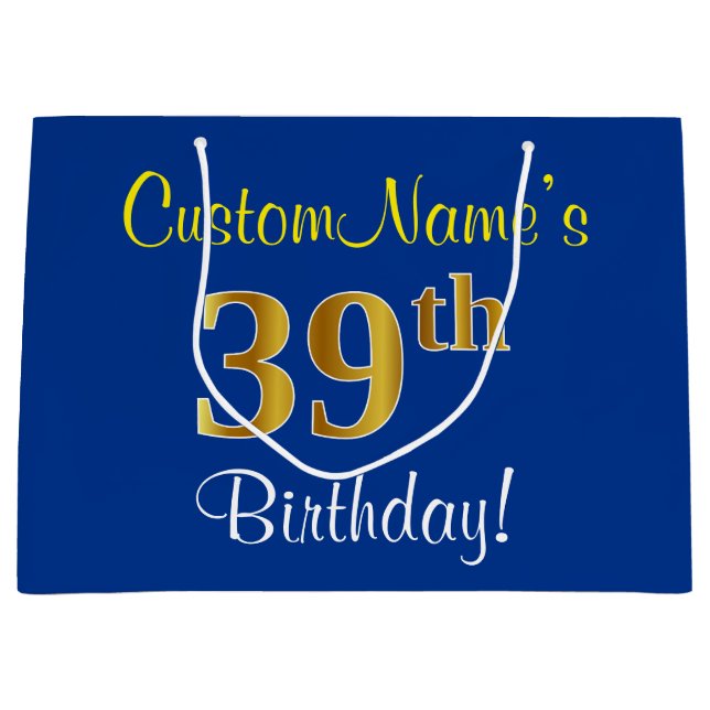 Elegant, Blue, Faux Gold 39th Birthday + Name Large Gift Bag (Front)