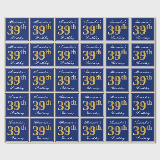 Elegant, Blue, Faux Gold 39th Birthday + Name Wrapping Paper (Flat)