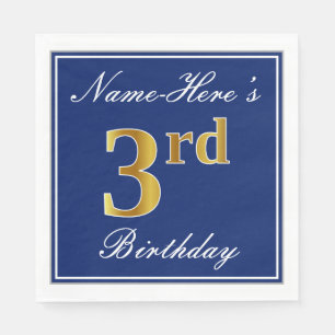 Elegant Blue, Faux Gold 3rd Birthday + Custom Name Napkin