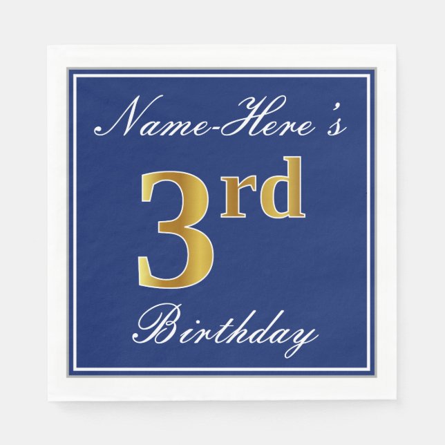 Elegant Blue, Faux Gold 3rd Birthday + Custom Name Napkin (Front)